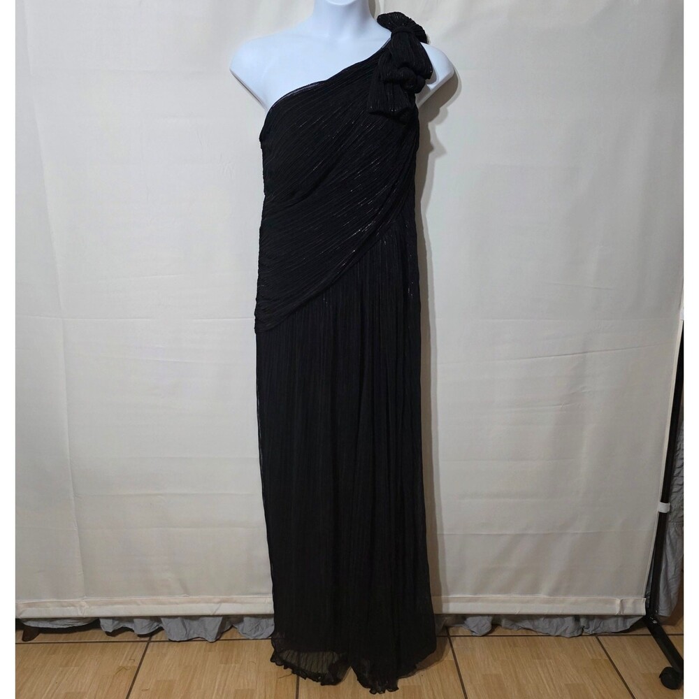 Tadashi Shoji Black Ruched Bodice One Shoulder Bow Dress Size 14